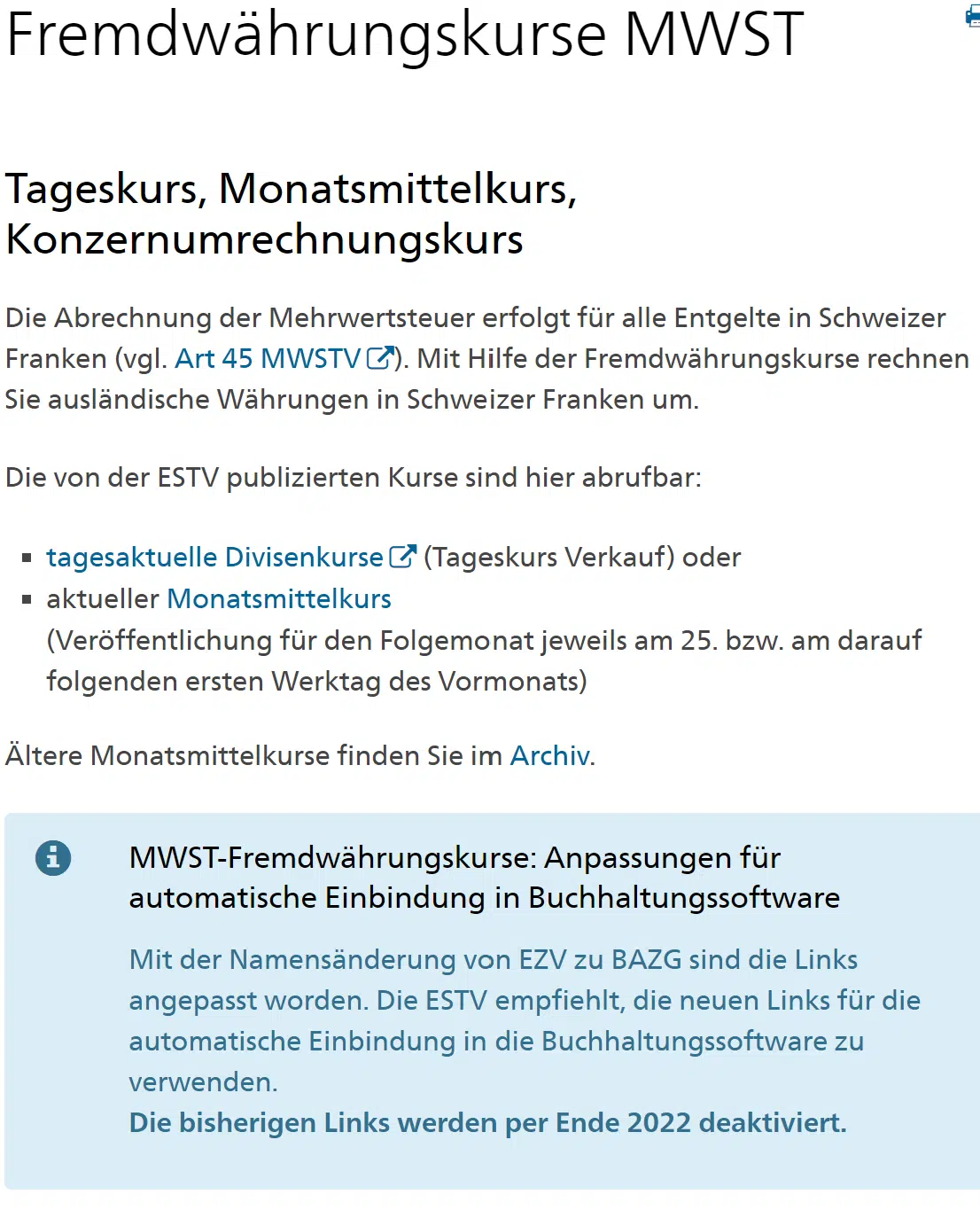Fremdwährungskurse MWST