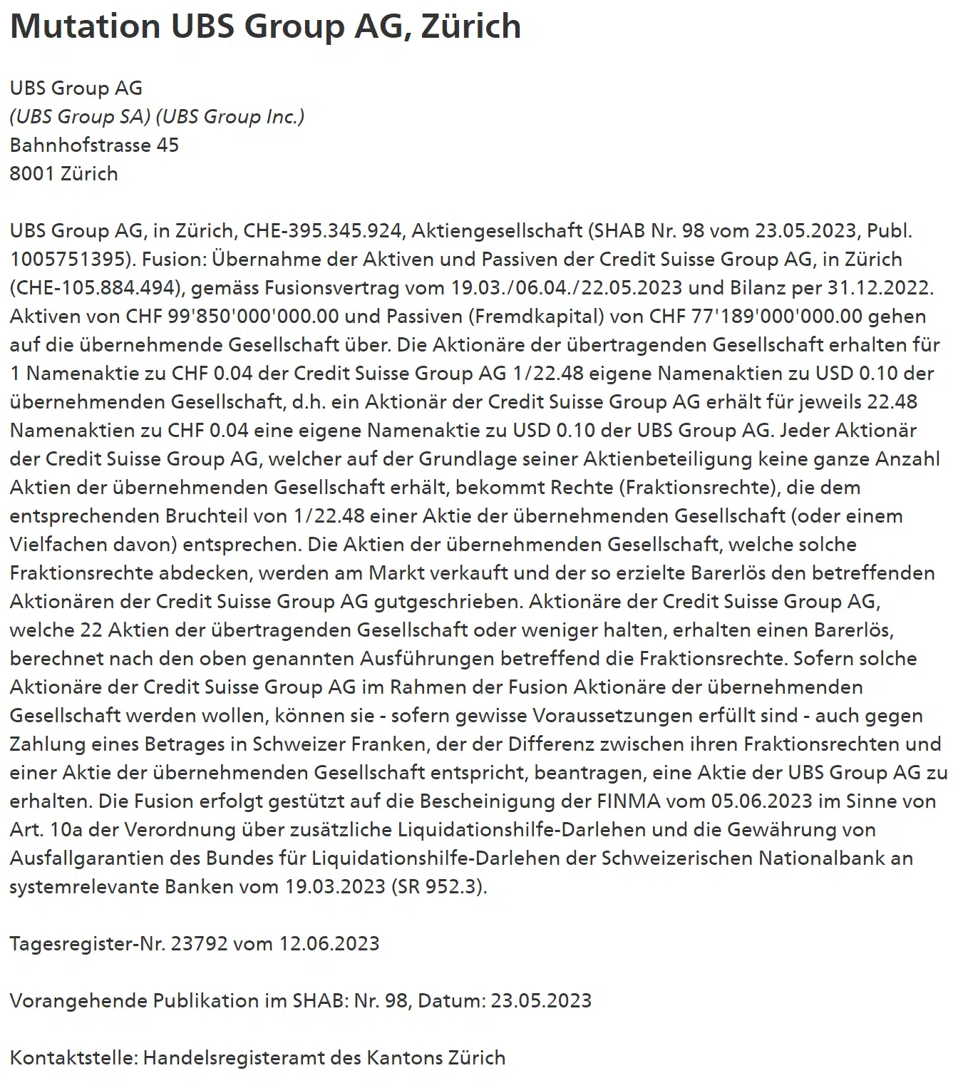 SHAB: Mutation UBS Group AG, Zürich