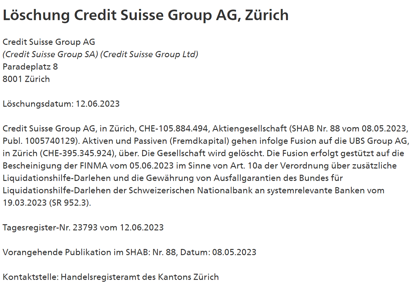 SHAB: Löschung Credit Suisse Group AG, Zürich