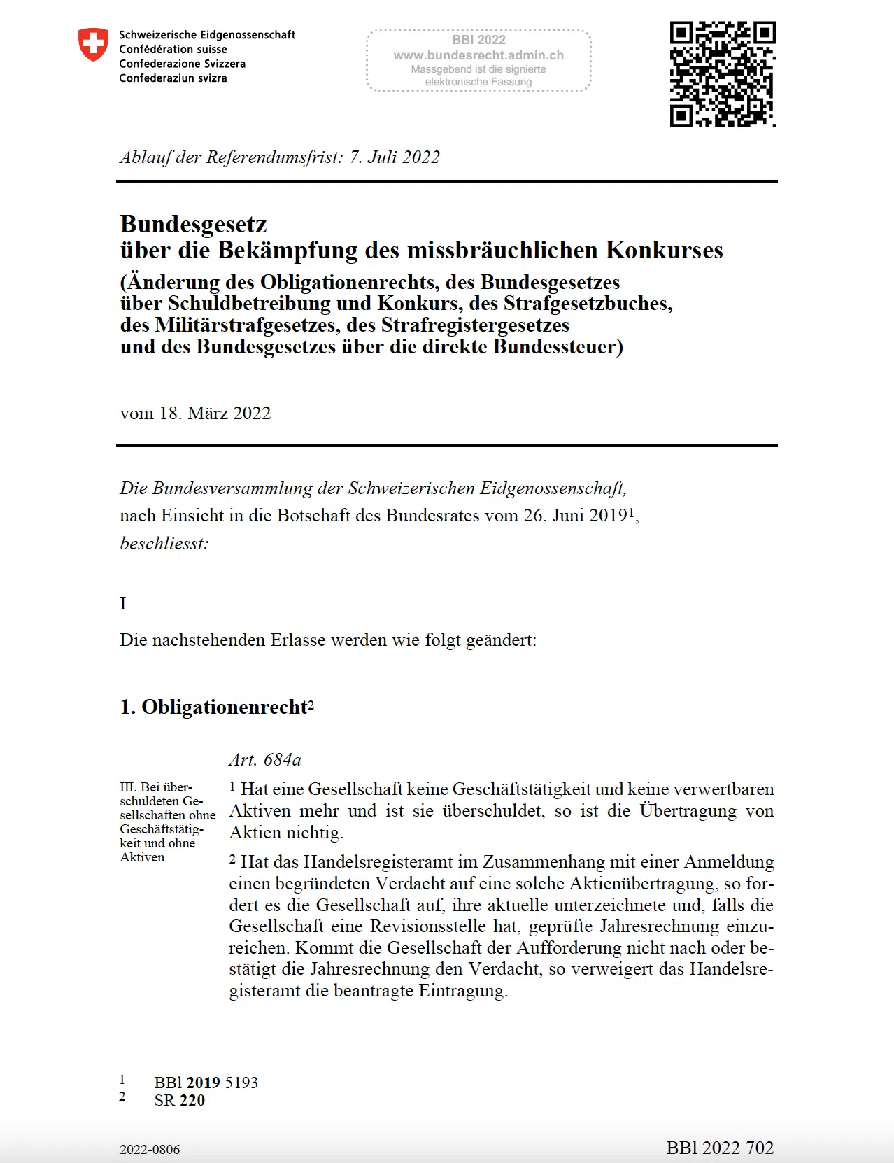 Bundesgesetz über die Bekämpfung des missbräuchlichen Konkurses - Seite 1