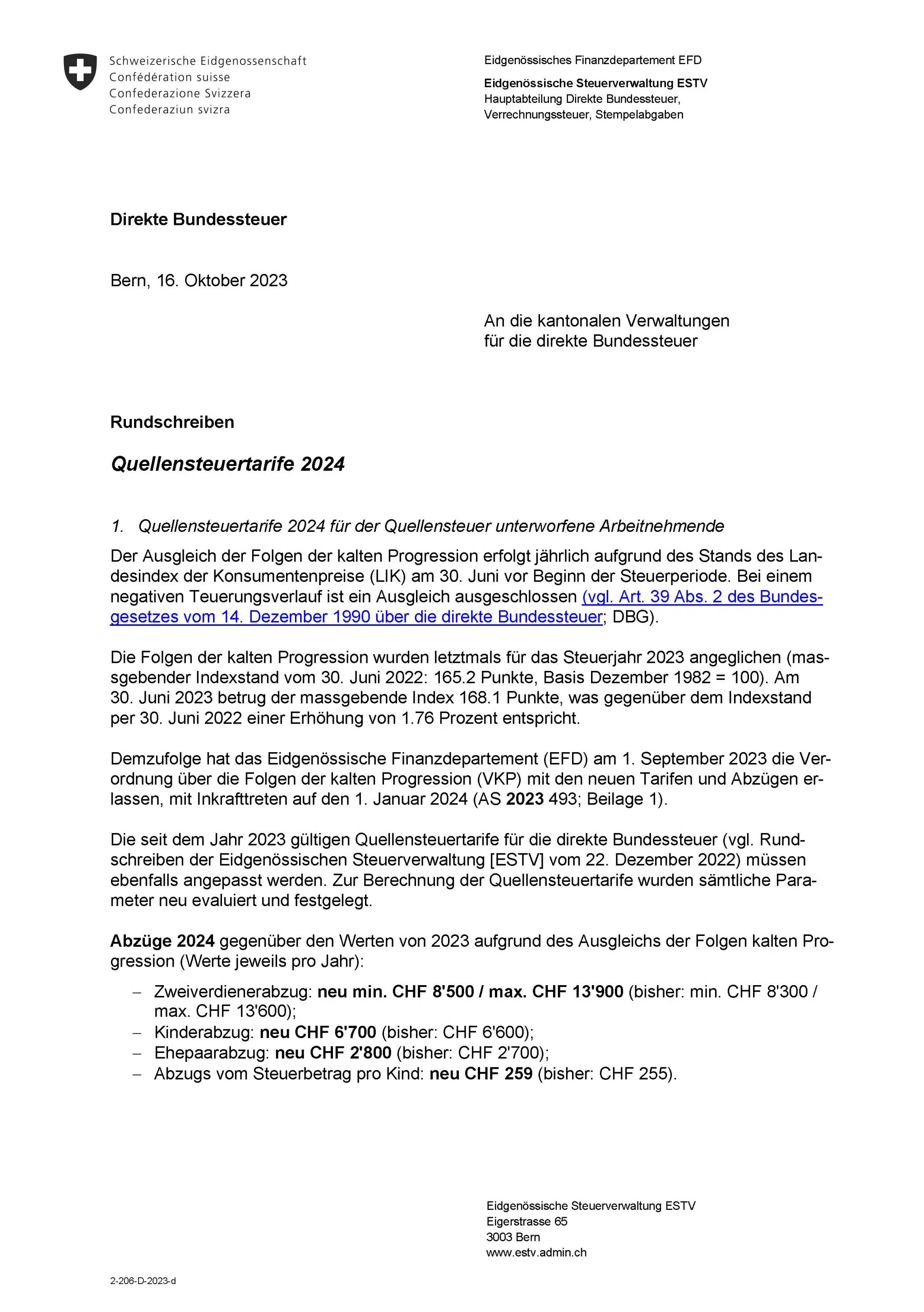 Rundschreiben Quellensteuertarife 2024 Seite 1