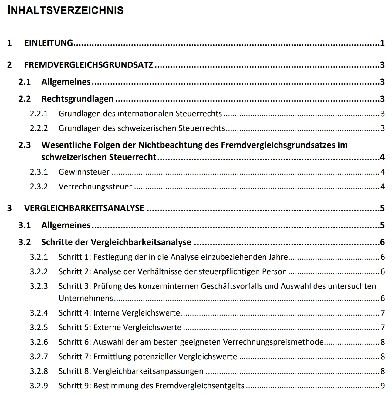 Inhaltsverzeichnis: Steuerinformationen "Verrechnungspreise"