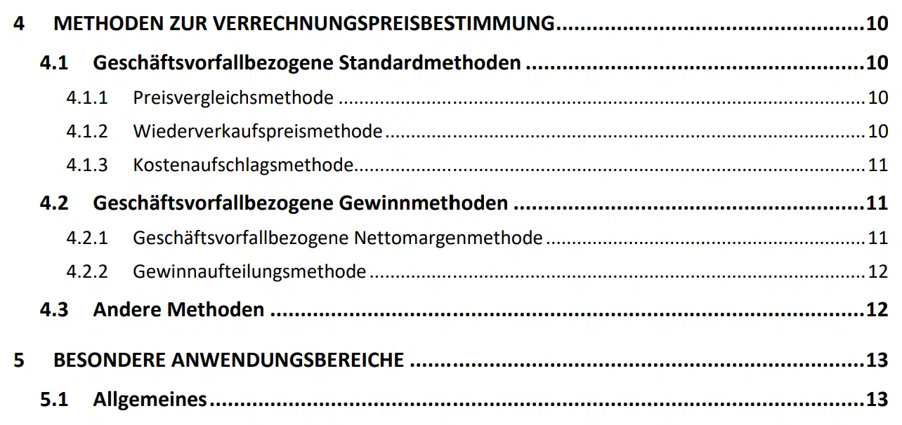 Inhaltsverzeichnis: Steuerinformationen "Verrechnungspreise"