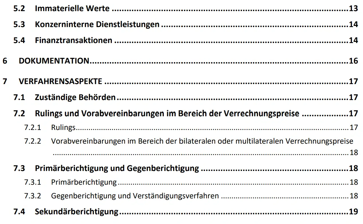 Inhaltsverzeichnis: Steuerinformationen "Verrechnungspreise"
