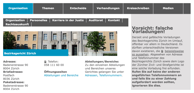Warnung Bezirksgericht Zürich: Gefälschte Vorladungen